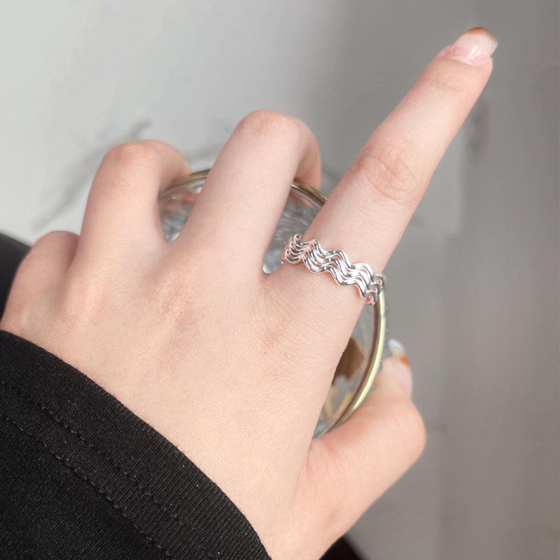 S925 Sterling Silver Three-Layer Wave Ring for Women Geometric Open Ring -532(45%)