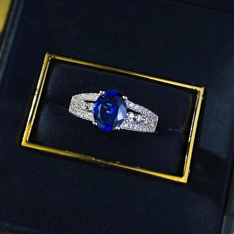 S925 Sterling Silver Blue Oval Cut Oval Ring 7*9mm 6A Cubic Zirconia Ring-268(35%)