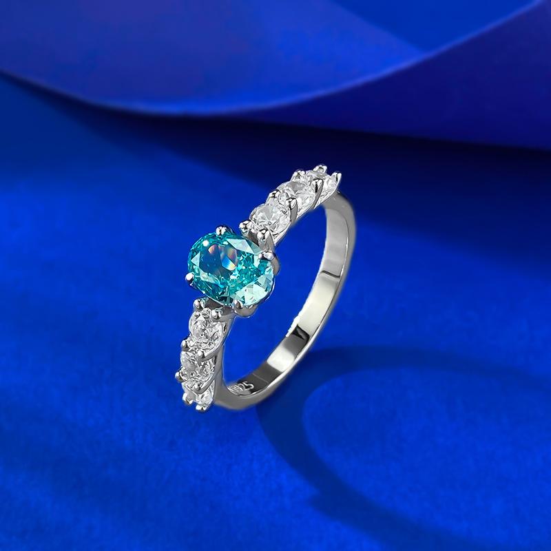 S925 Sterling Silver Blue Oval Cut Four Claws Seven Stones Ring 5*7mm 6A Cubic Zirconia Ring-463(25%)