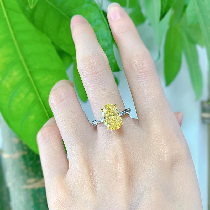 S925 Sterling Silver Yellow Radiant Cut Oval Ring 8*12mm 6A Cubic Zirconia Ring-247(35%)