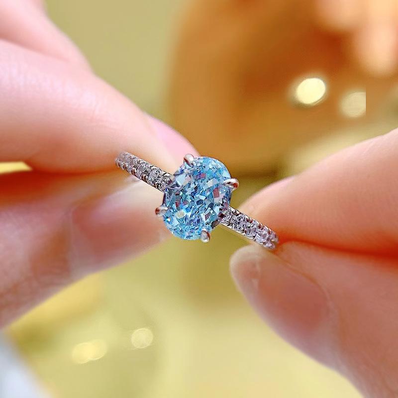 S925 Sterling Silver Aquamarine Radiant Cut Oval Ring 6*8mm 6A Cubic Zirconia Ring-272(35%)