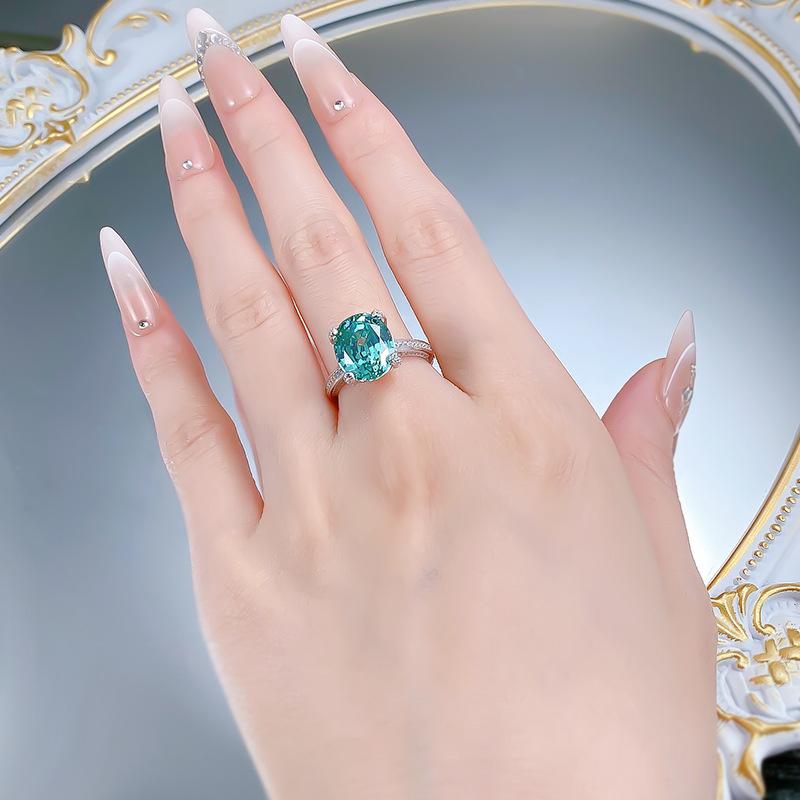 S925 Sterling Silver Green Oval Cut Four Claws Ring 10*12mm 8A Cubic Zirconia Ring-460(25%)