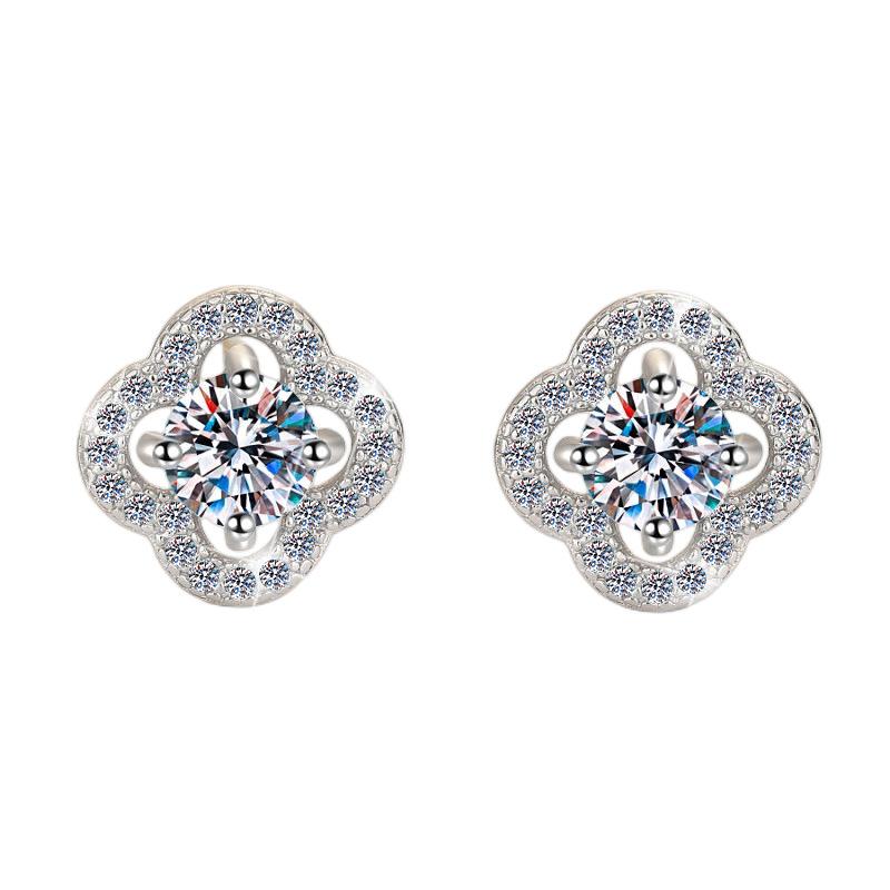 NO9-1. Silver  Four Petals Ear Stud Synthetic Moissanite Stud Earrings