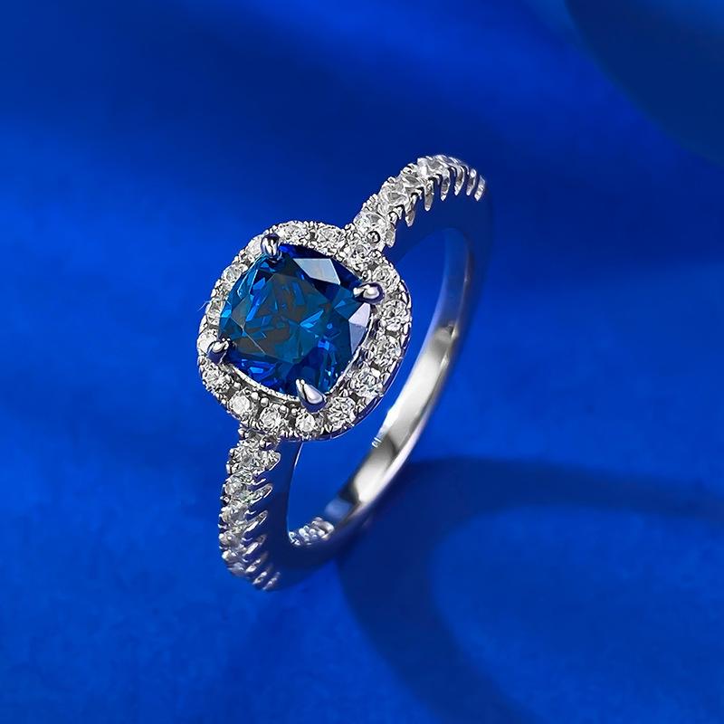 S925 Sterling Silver Blue Cushion Cut Sqare Ring 6*6mm 6A Cubic Zirconia Ring-376(35%)