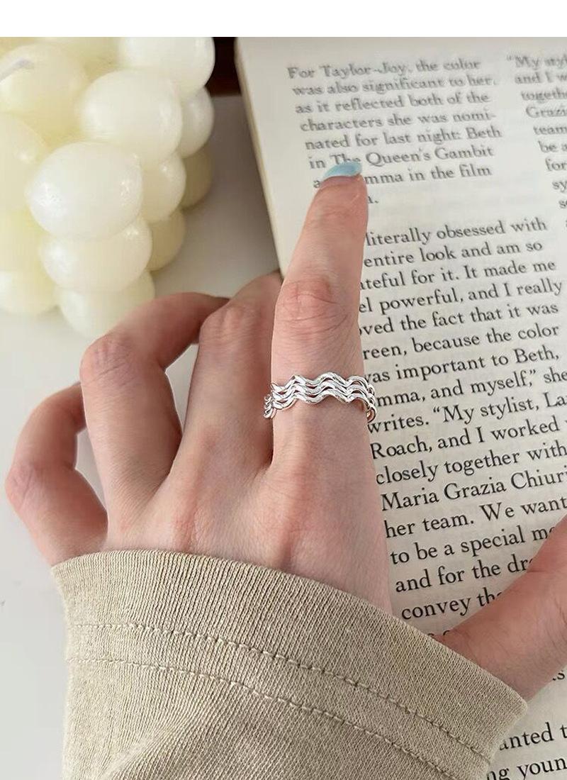 S925 Sterling Silver Three-Layer Wave Ring for Women Geometric Open Ring -532(45%)