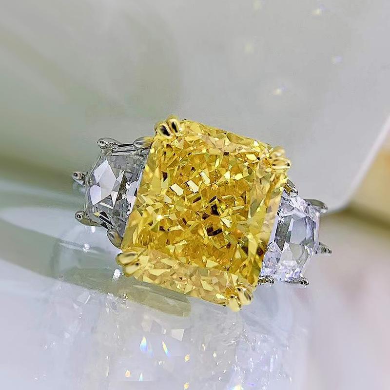 S925 Sterling Silver Yellow/Purple Radiant Cut High Carbon Three Stones Ring 10*12mm 8A Cubic Zirconia Ring-454(25%)