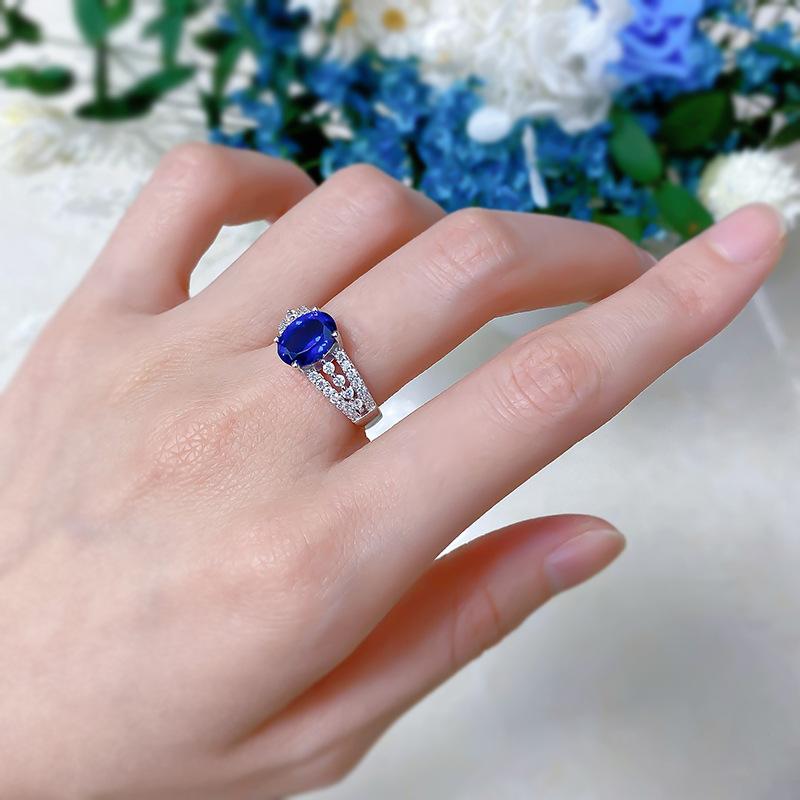 S925 Sterling Silver Blue Oval Cut Oval Ring 7*9mm 6A Cubic Zirconia Ring-268(35%)