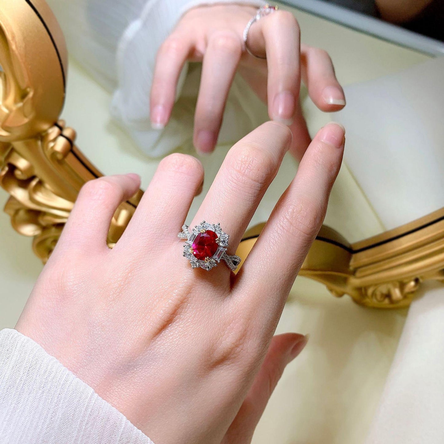 S925 Sterling Silver Red Oval Pigeon Egg 7*9 mm 6A Cubic Zirconia Ring-133(45%)