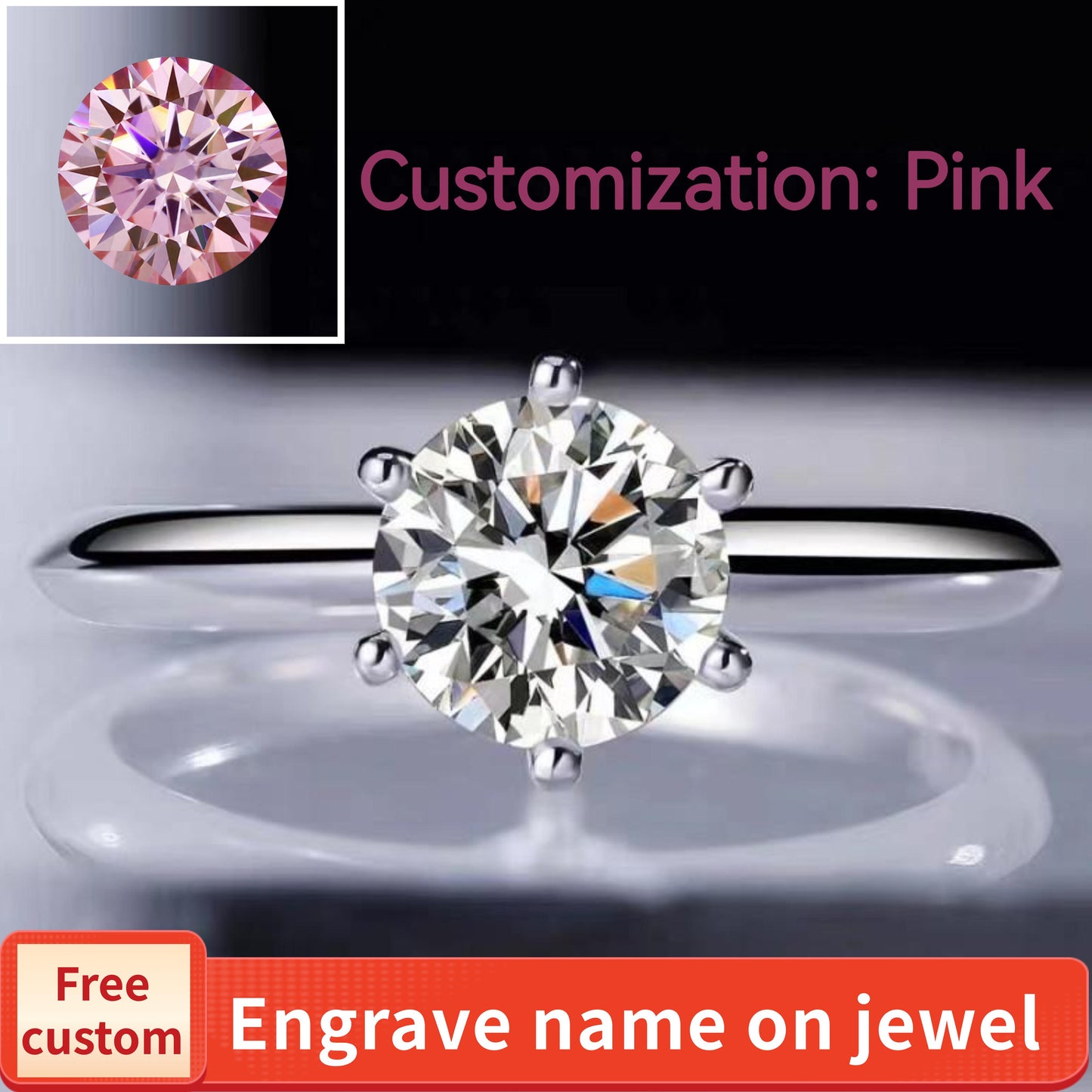 NO.103 Pink-S925 Sterling Silver D Color Synthetic Moissanite Six-claws Ring 1/2/3/5 Carat Elegant Luxury Daily Life Woman Birthday Gift Engagement Springtok