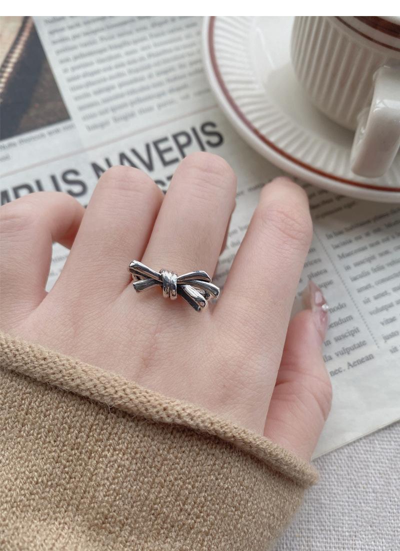 S925 Sterling Silver Vintage Distressed Bow Knot Ring for Women Open Ring -517(45%)