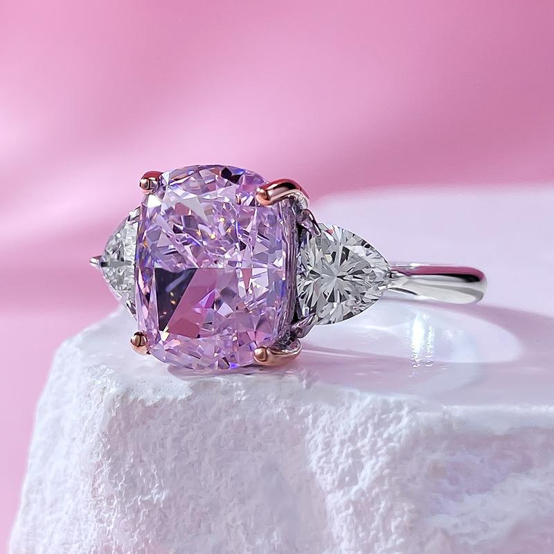 S925 Sterling Silver Pink Three Stones Square 8*10mm 6A Cubic Zirconia Ring-150(45%)