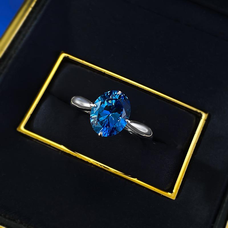 S925 Sterling Silver Blue Oval Cut Oval Ring 8*10mm 6A Cubic Zirconia Ring-374(35%)