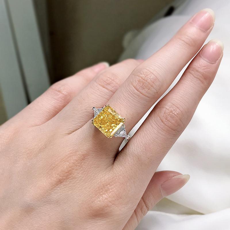 S925 Sterling Silver Yellow Three stones Square 10*10mm 5Carats 8A Cubic Zirconia Ring-153(45%)