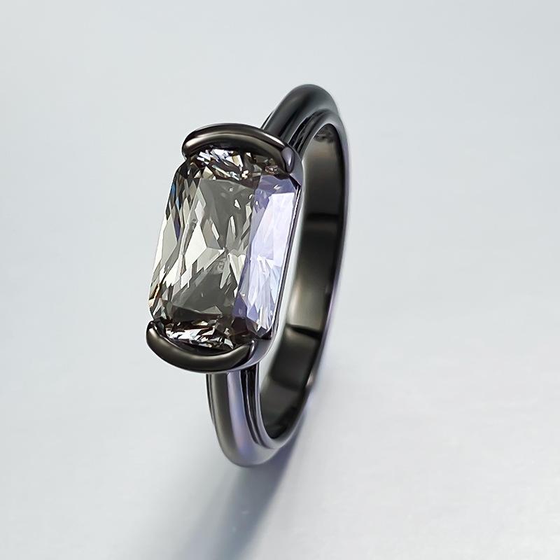 S925 Sterling Silver Black Golden Radiant Cut Rectangular Ring 6*9mm 6A Cubic Zirconia Ring-348(35%)
