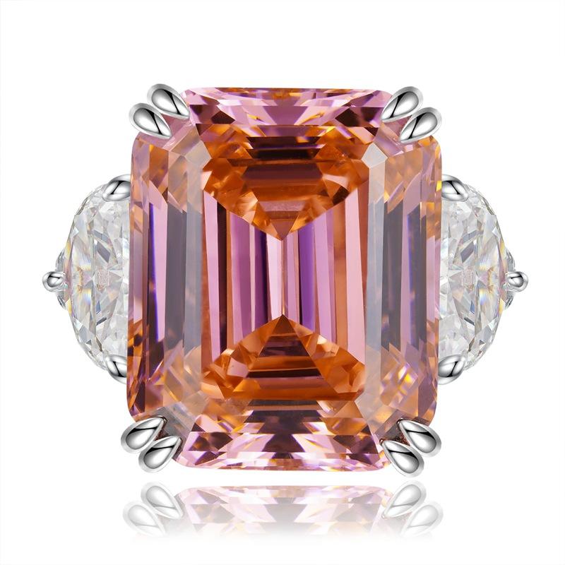 S925 Sterling Silver Orange Pink Grandma Asscher Cut Rectangular Ring 13*16mm 8A Cubic Zirconia Ring 15carats-132(45%)