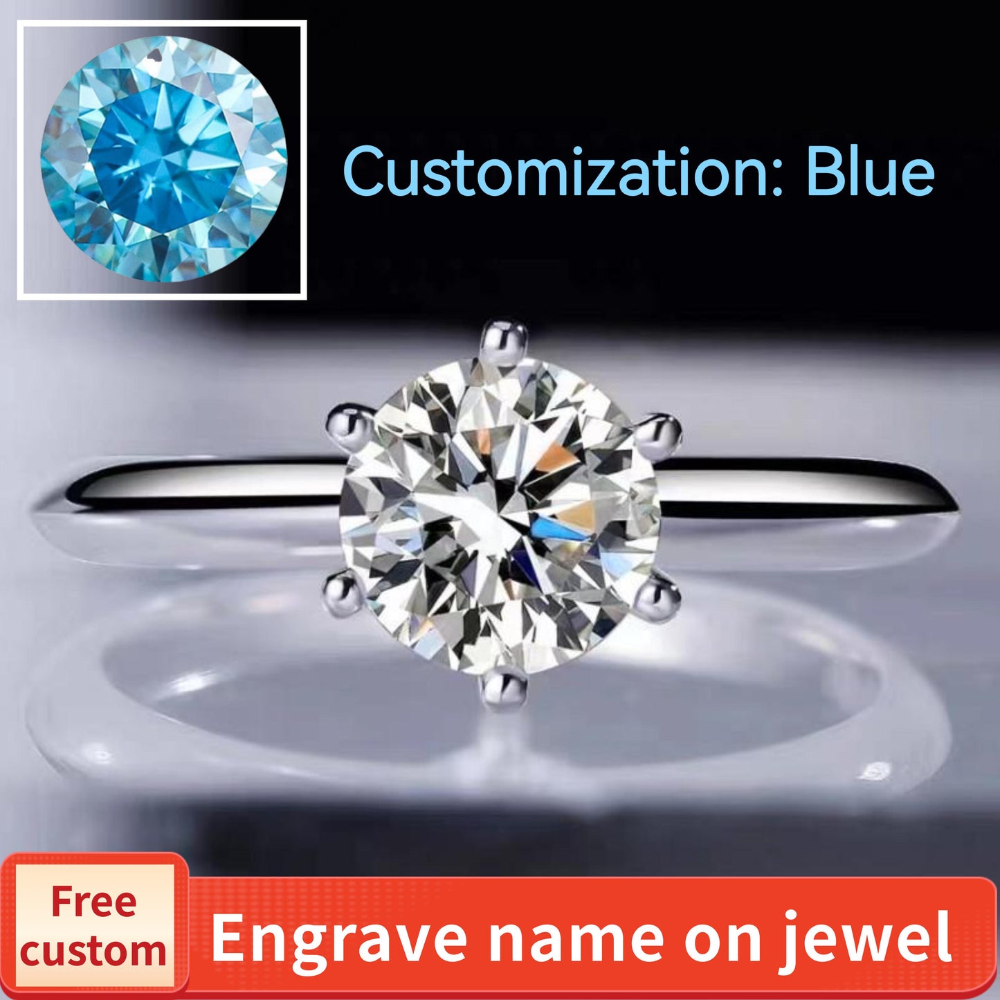 Blue-S925 Sterling Silver D Color Synthetic Moissanite Six-claws Ring 1/2/3/5 Carat Elegant Luxury Daily Life Woman Birthday Gift Engagement-235(35%)
