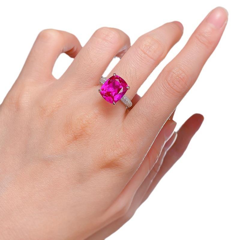 S925 Sterling Silver Rose Red Square Four Claws 10*12mm  6A Cubic Zirconia Ring-144(45%)
