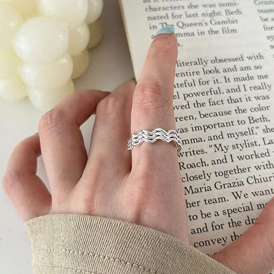 S925 Sterling Silver Three-Layer Wave Ring for Women Geometric Open Ring -532(45%)