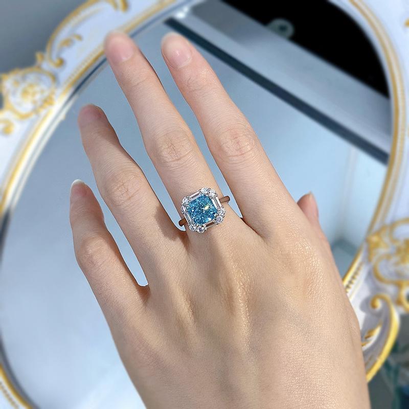 S925 Sterling Silver Sea Blue Ice Flower Cut Square 8*8mm 8A Cubic Zirconia Ring-439(25%)