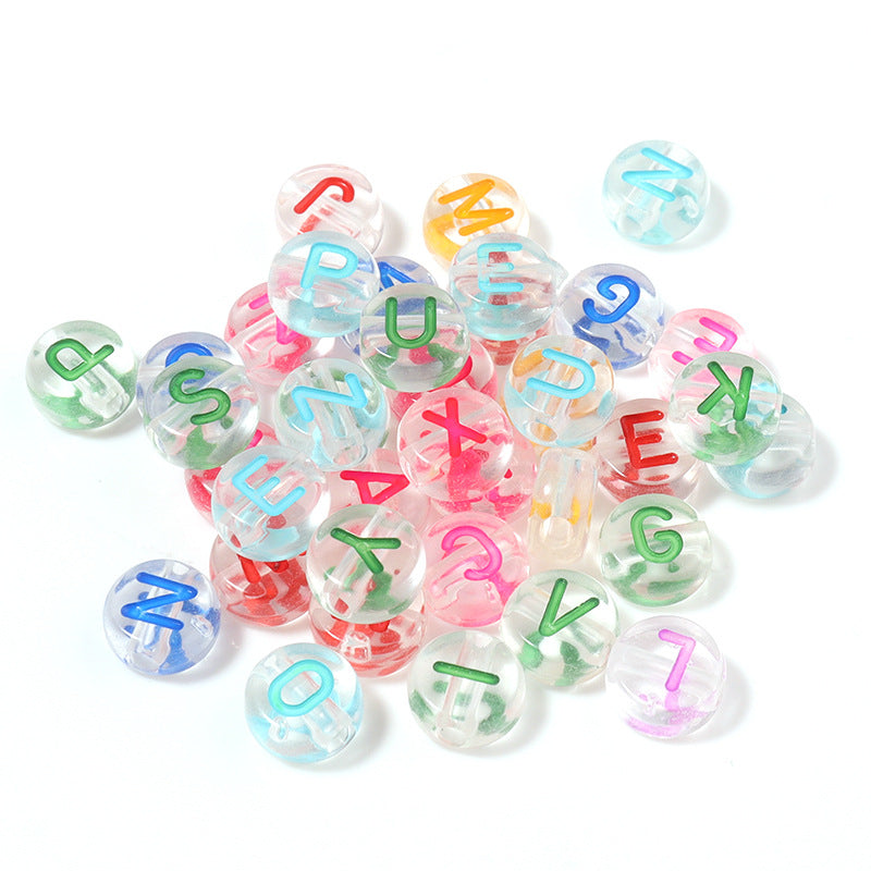 100 Pcs/Pack Acrylic Colorful English Beads Transparent Candy Color Flat round Loose Beads Diy Hand Beaded Material