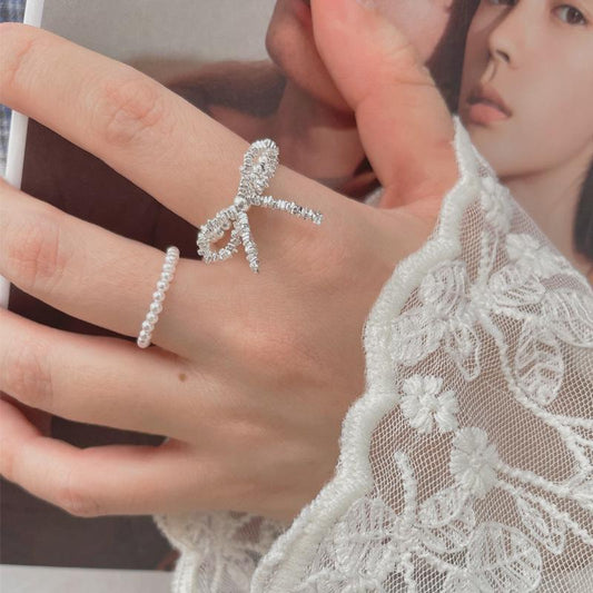 S925 Sterling Silver Broken Silver Bow Elastic Cord Stretch Beaded Ring for Women - 520(45%)